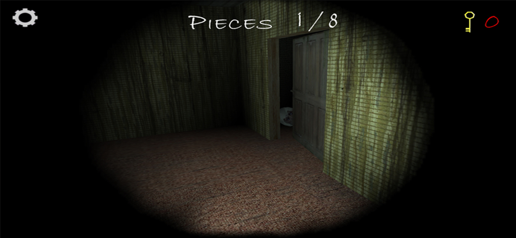 A first person view of a dark hallway in the horror game House of Slendrina with a face peeking through an open door