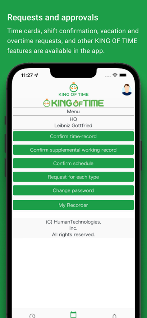 King of Time mobile app menu screen for managing employee requests and shift approvals