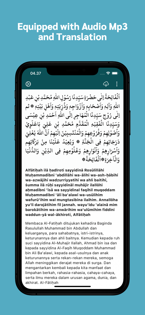 Interface do aplicativo Ratib Al Haddad exibindo script árabe com transliteração latina e tradução indonésia