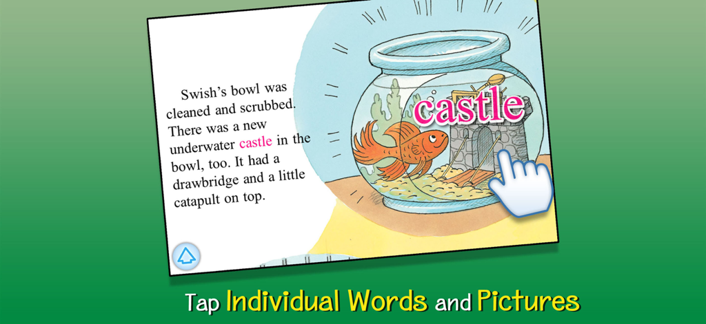 Página de libro electrónico interactivo Berenstain Bears mostrando una mano tocando una imagen para resaltar la palabra castillo