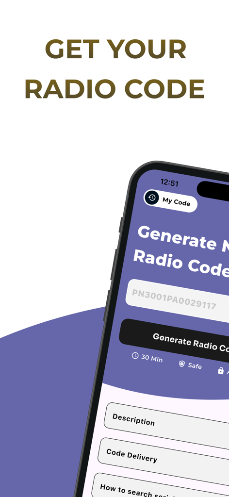 Interfaz de la aplicación Buscador de Códigos de Radio para Nissan mostrando el campo de introducción del número de serie y el botón de generar