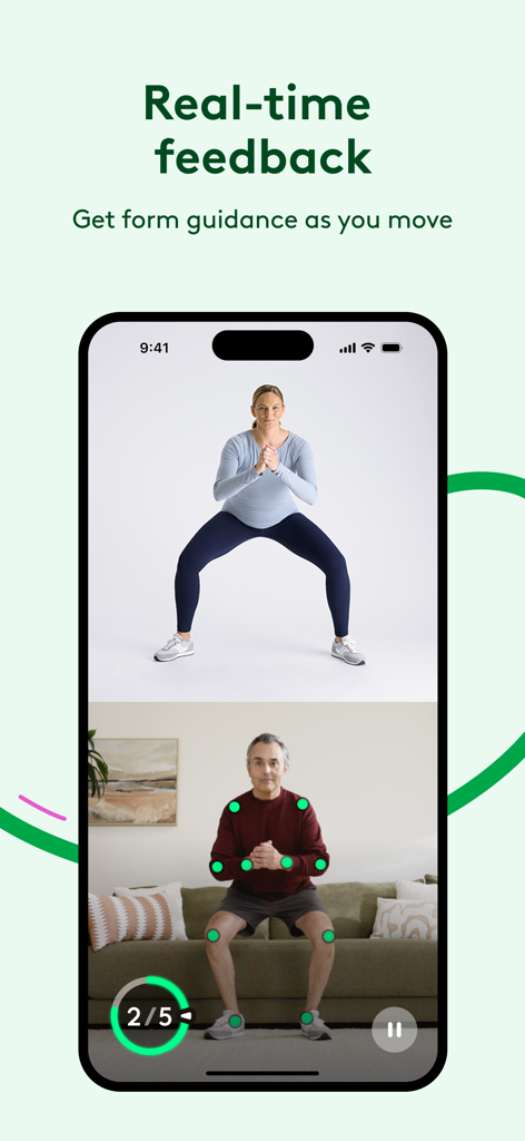 Hinge Health 앱에 스쿼트 운동 중 실시간 모션 추적 피드백 및 자세 안내 표시