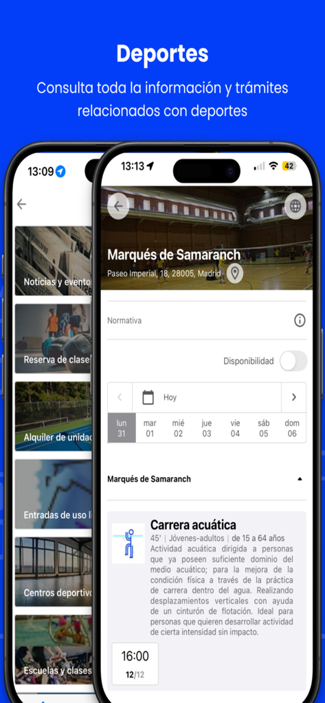 Interfaccia dell'app mobile di Madrid Movil che mostra la sezione sportiva con opzioni per prenotare lezioni e visualizzare le attività dei centri sportivi comunali.