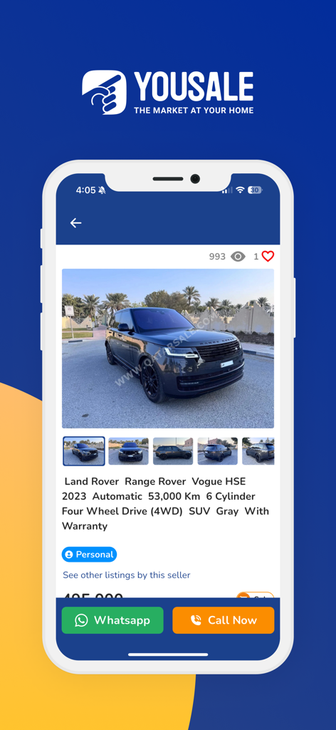 YouSale يوسيل - Mobile app interface showing a Land Rover Range Rover car listing on YouSale marketplace
