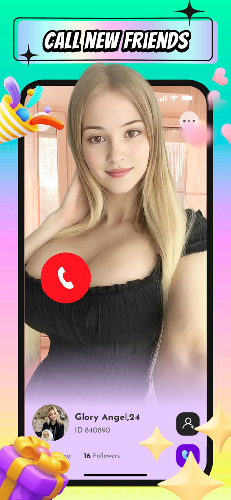 Screenshot of the Glifa app showing a video call screen with a young woman and the header call new friends