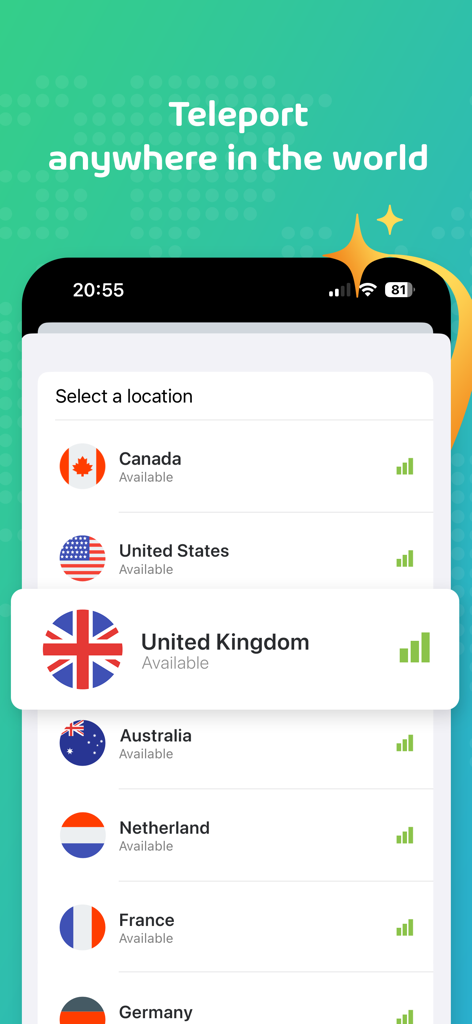 Teleporti - Teleporti VPN app location selection screen showing available global server regions
