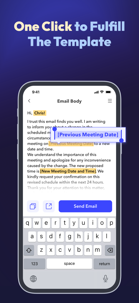 AI Email Generator: Xemail - Pantalla de aplicación móvil que muestra la plantilla de correo profesional de Xemail con marcadores de posición editables para fechas y horas.