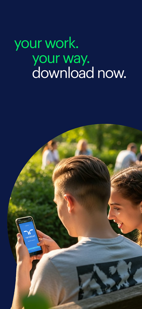 randstad: jobs for workers - Two young adults looking at the Randstad app on a smartphone screen