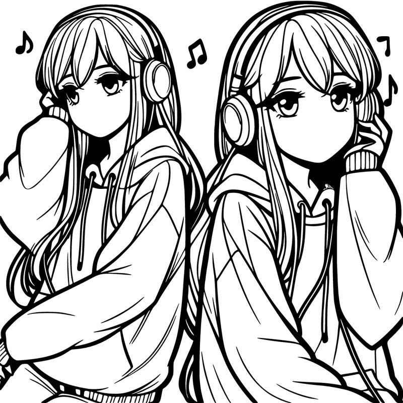teenage girl with long hair and a baggy sweatshirt listening to music