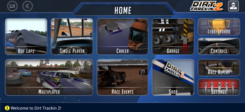 Main menu of Dirt Trackin 2 showing options for Hot Laps Single Player Career Garage Multiplayer and Race Events