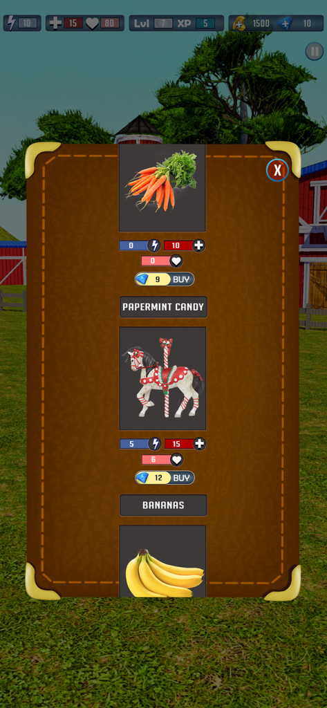 Wild Horse Riding: Horse Games - In-game shop menu featuring horse treats like carrots and bananas in Wild Horse Riding.