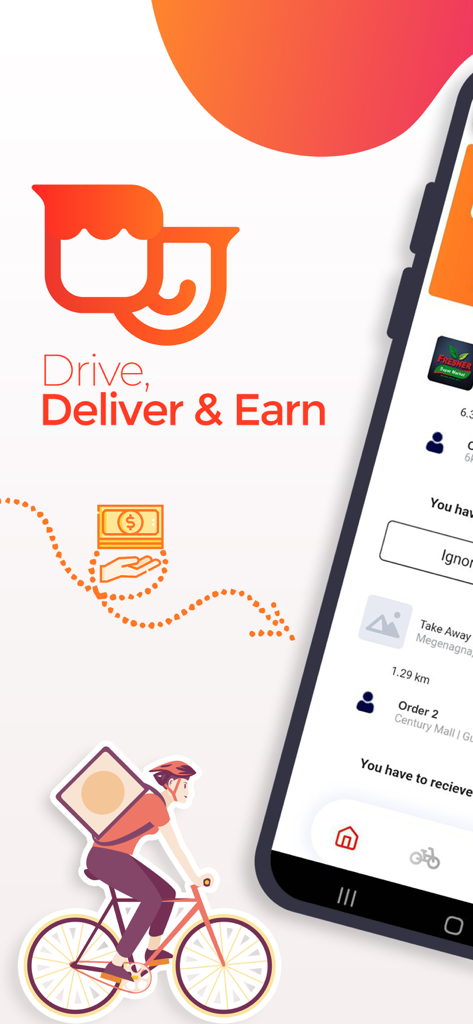 beU Rider - Promotional graphic for beU Rider app with a courier on a bicycle and the text Drive Deliver and Earn