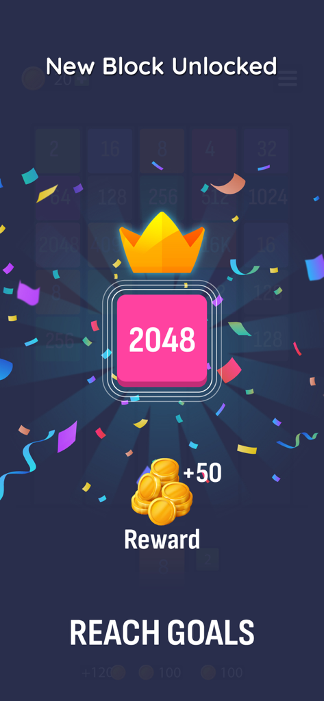 Pantalla del juego X2 Puzzle que muestra un nuevo bloque 2048 desbloqueado con recompensas