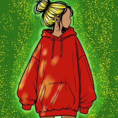 realistic girl with a oversized sweatshirt on and a bun