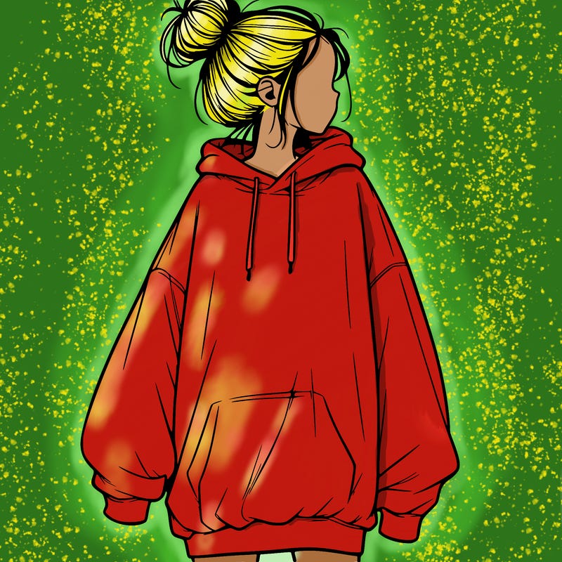 realistic girl with a oversized sweatshirt on and a bun