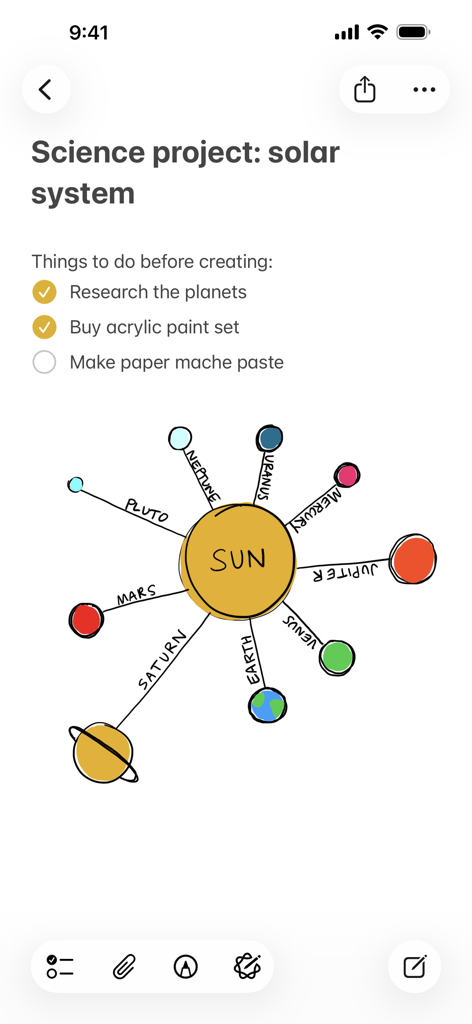 Notes - A science project note in Apple Notes featuring a checklist and a colorful hand-drawn diagram of the solar system