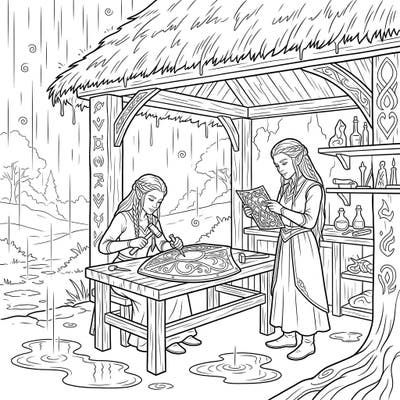 Immerse yourself in the serene world of elven craftsmanship with this beautiful coloring page. Witness two diligent artisans bringing intricate designs to life under the gentle patter of a rainy day.