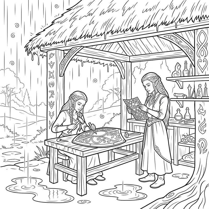 Immerse yourself in the serene world of elven craftsmanship with this beautiful coloring page. Witness two diligent artisans bringing intricate designs to life under the gentle patter of a rainy day.