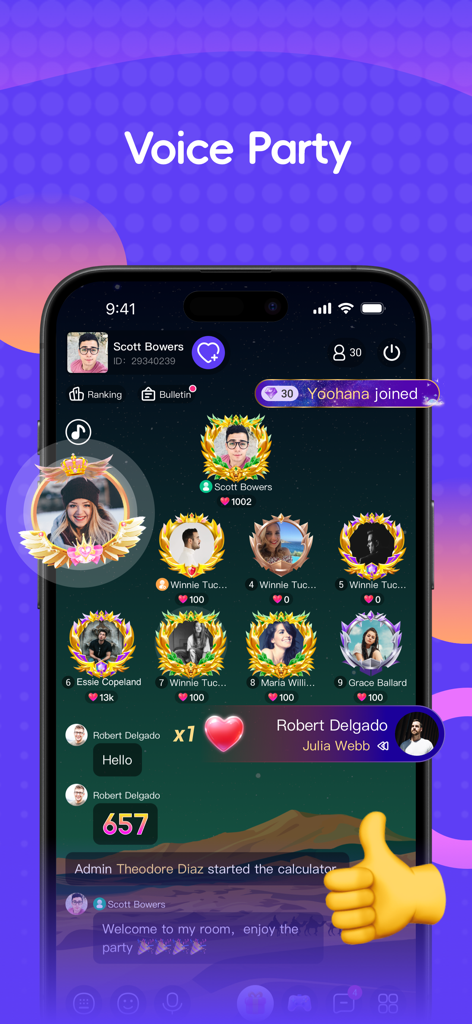 Interface of the Laka app showing a live voice party room with multiple user avatars and real time chat interaction