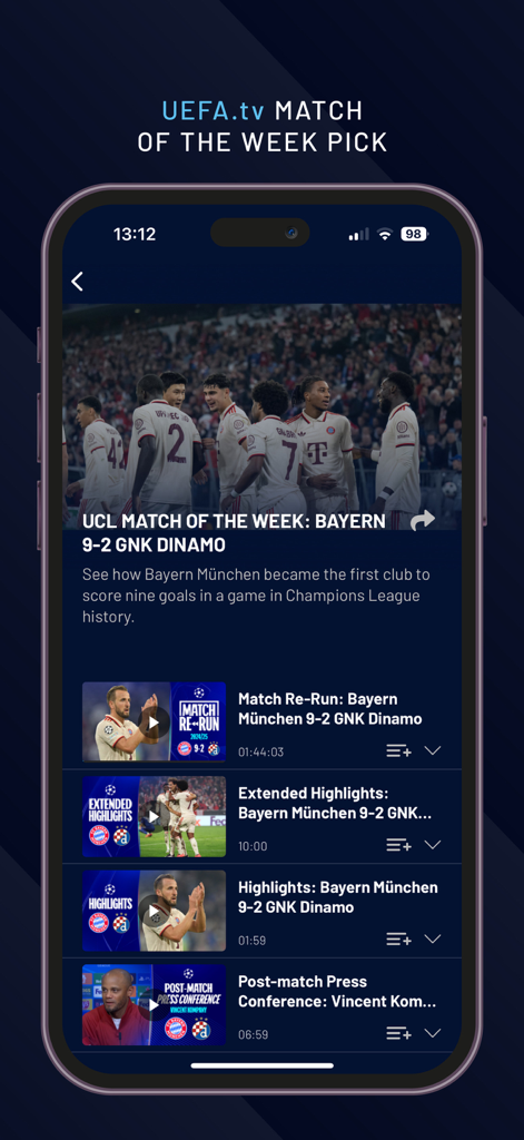 UEFA.tv - UEFA.tv App-Oberfläche mit Highlights von Champions-League-Spielen und Optionen für vollständige Wiederholungen