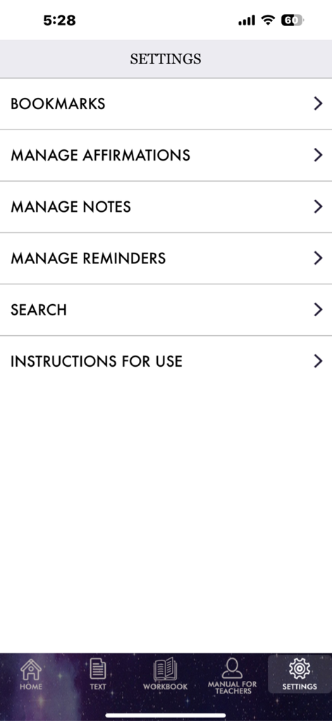 Das Einstellungsmenü der ACIM Original Edition App, das Optionen für Lesezeichen und Affirmationen anzeigt.