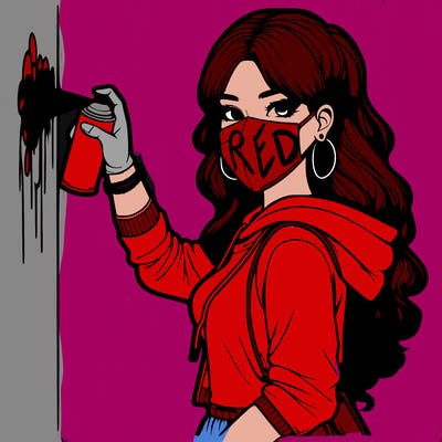 realistic girl with mask spray painting a wall