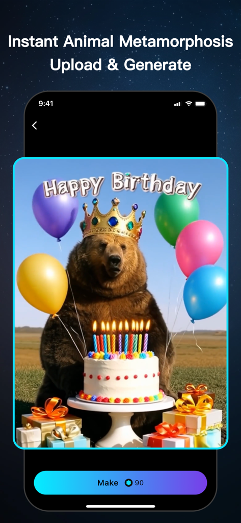 Movia AI: Photo to Video Maker - Interfaz de la app Movia AI mostrando un oso con un pastel de cumpleaños y una corona para metamorfosis animal instantánea y generación de video