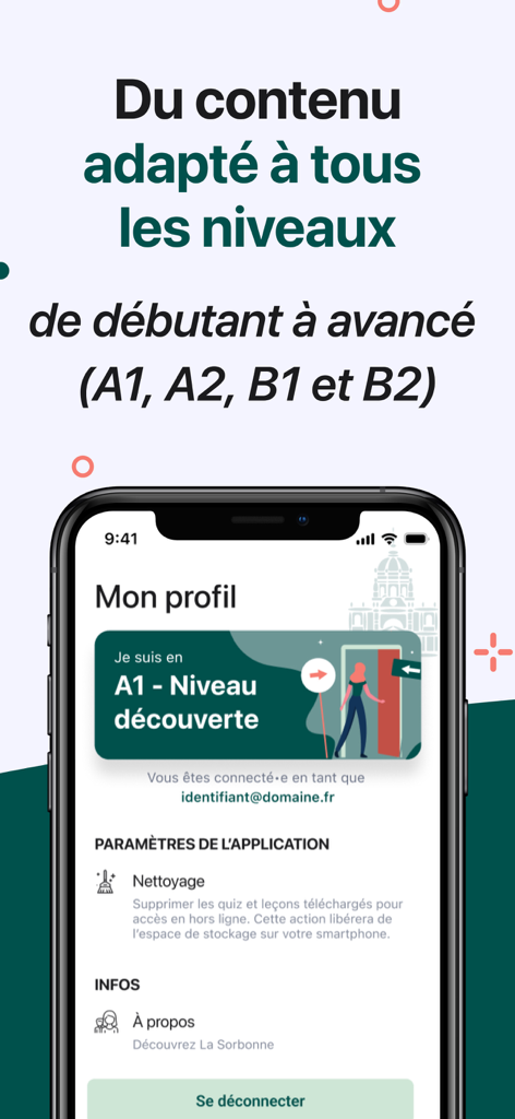 CCFS : apprendre le français - CCFS mobile app interface showing user profile with CEFR levels from A1 beginner to B2 advanced