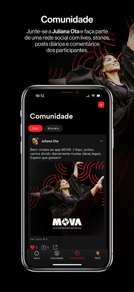 Plataforma MOVA - Feed della community sull'app Plataforma MOVA che mostra un post sociale dell'istruttrice Juliana Ota.