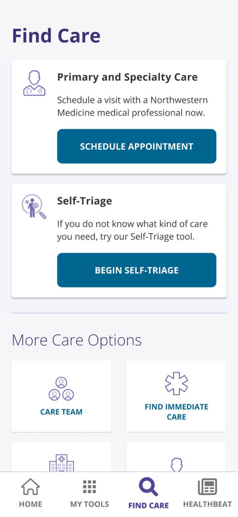 MyNM by Northwestern Medicine - The Find Care screen of the MyNM app featuring options for scheduling appointments, self-triage, and locating immediate care services.