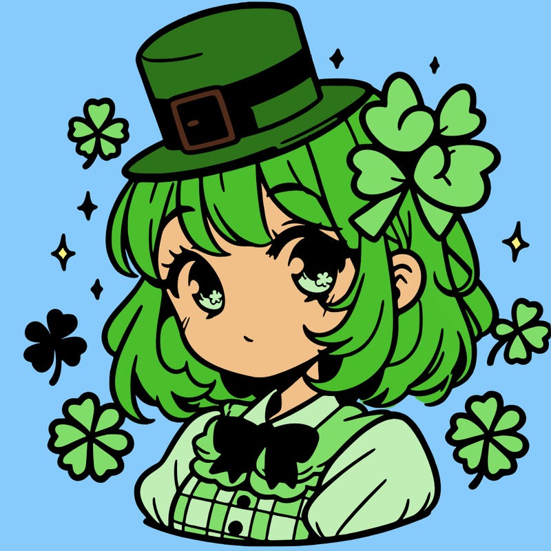 a manga-style girl with clovers around her, a little hat in her hair, like it's saint patrick's day