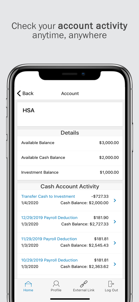 isolved Benefit Services iFlex - isolved iFlex app screen showing HSA account balances and cash activity details