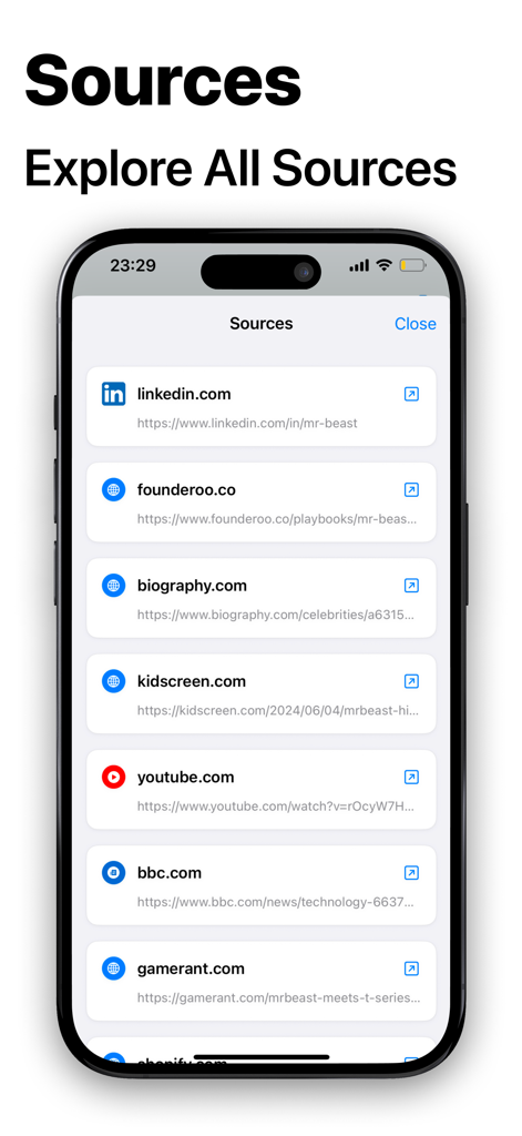 Interface of Deep Research AI Assistant showing a list of analyzed web sources