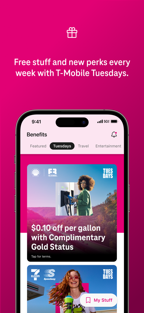 T-Life app screen displaying T-Mobile Tuesdays benefits including gas discounts and weekly perks