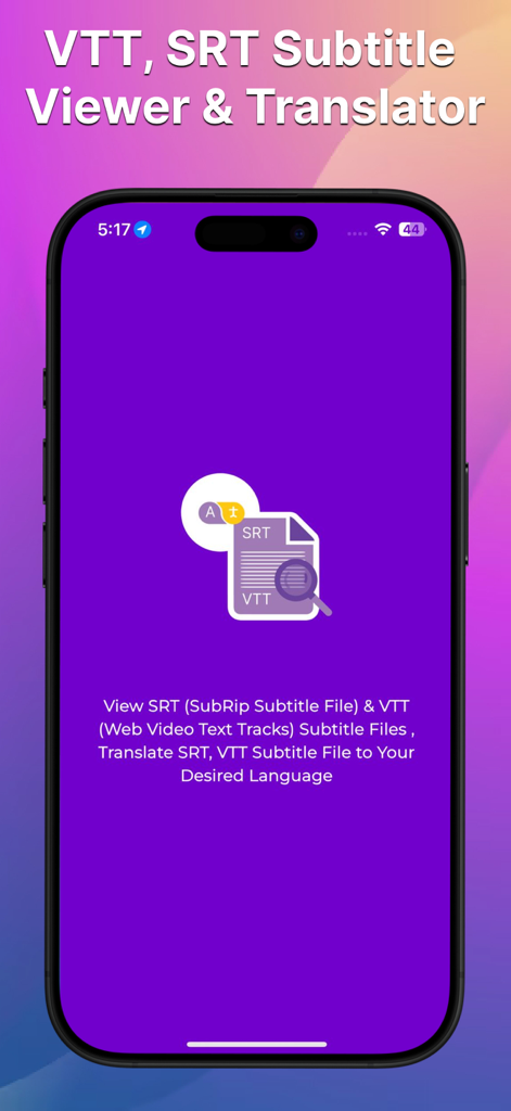 Subtitle Viewer & Translator - SRTおよびVTTファイルを視聴および翻訳するためのSubtitle ViewerおよびTranslatorアプリを表示するiPhone画面
