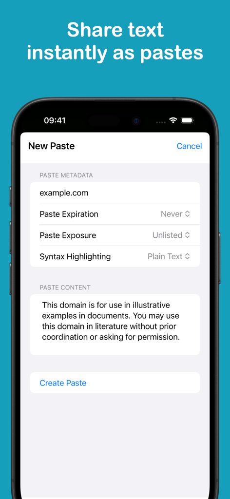 PasteSync - Pastebin Client - Mobile app interface for creating a new paste with options for metadata and text content.