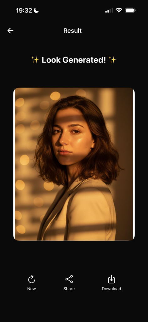 A high-quality AI-generated portrait of a woman with warm studio lighting and shadows within the GenLook AI app interface