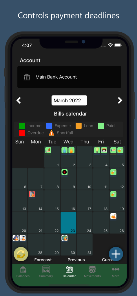 Calendario de facturas mensuales en la aplicación Homeasy que muestra iconos para los plazos de ingresos y gastos