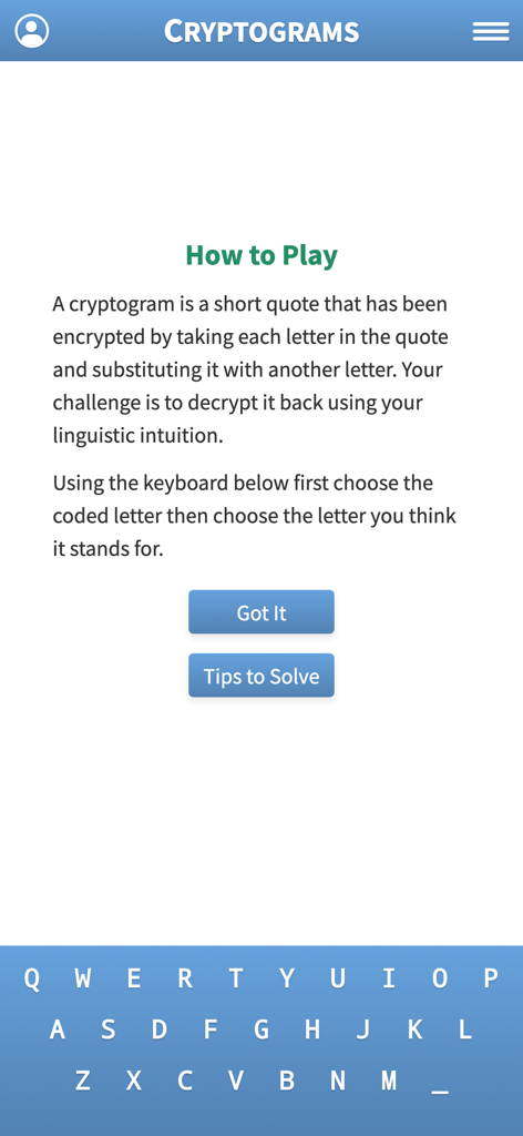 Cryptogram · Cryptoquote Game - How to play screen for the Cryptogram game explaining the substitution cipher mechanics