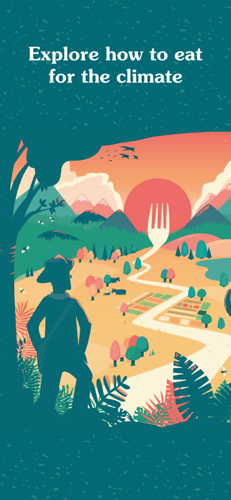 Stylized landscape illustration of a person looking at a fork-shaped path towards a sunset with text about eating for the climate