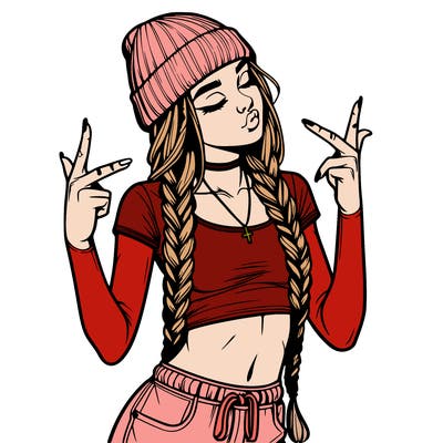 realistic teenage girl with braids and a beanie and crop top doing 🫶🏼