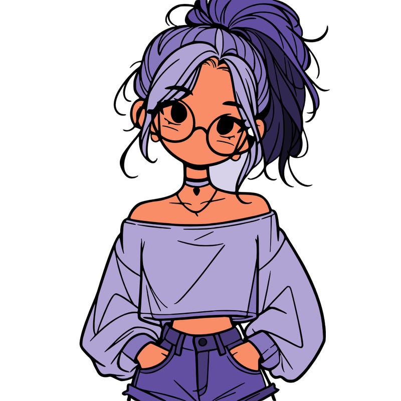 girl with a messy ponytail glasses a baggy crop top and jean shorts