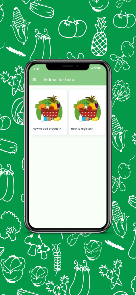 FoodBoss Seller - Help video tutorial screen in the FoodBoss Seller app for registering and adding products