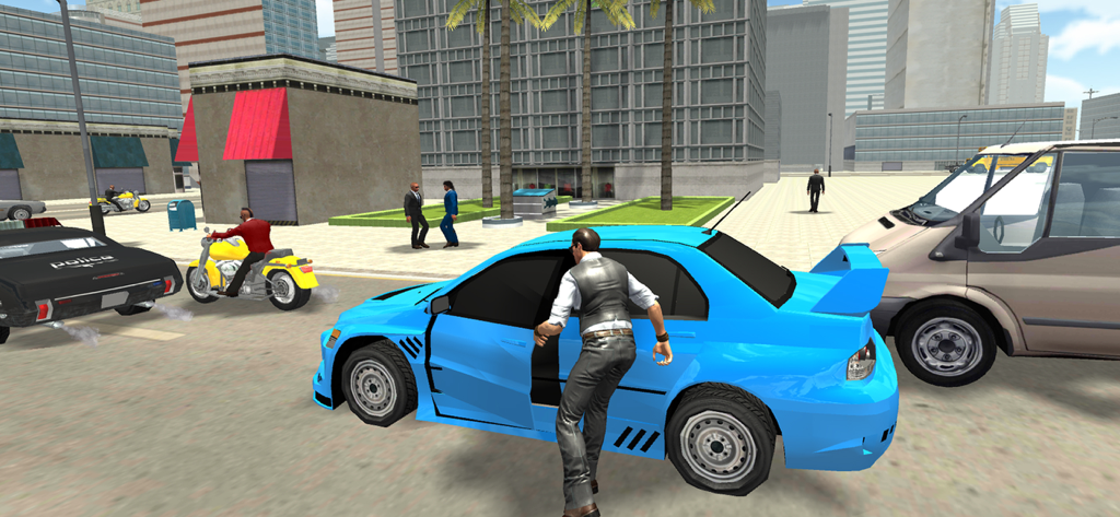 Un personaje saliendo de un coche deportivo azul en una calle de la ciudad con tráfico