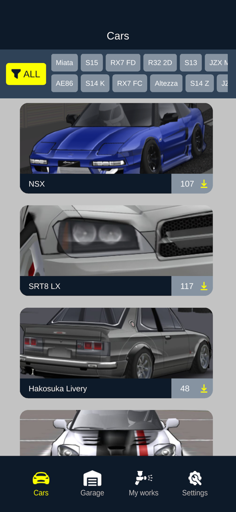 Skins Simulator for Fr Legends - Una lista de varios modelos de coches y diseños personalizados disponibles en la aplicación Skins Simulator for Fr Legends