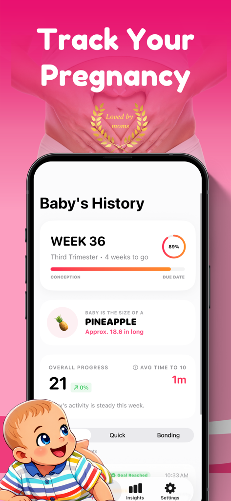 Interfaz de la aplicación SmolKicks que muestra el progreso del embarazo semana 36 y la comparación del tamaño del bebé con una piña