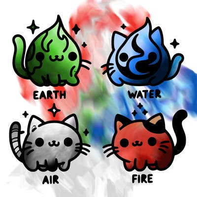4 cats that represent the different elements, earth, water, air, and fire