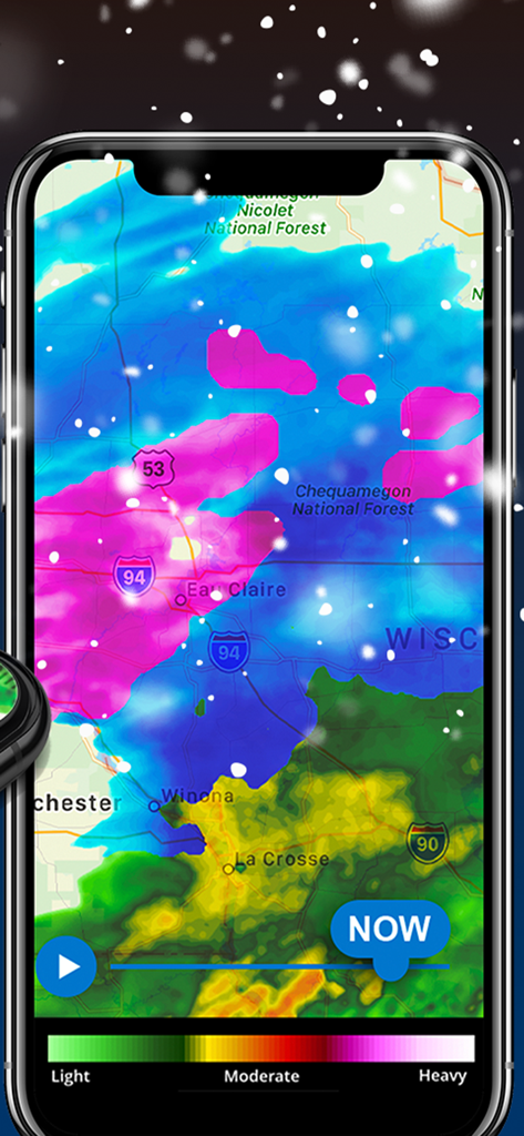 NOAA Radar & Weather Forecast - Smartphone displaying the NOAA Radar and Weather Forecast app with a detailed precipitation map of Wisconsin