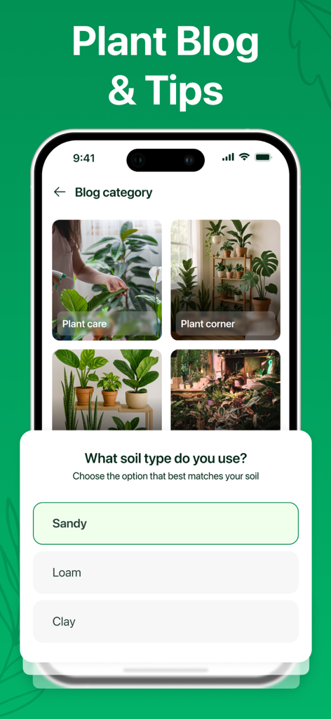 Plant ID - AI Identify Plants - Captura de pantalla de la aplicación Plant ID que muestra una pantalla de categoría de blog de plantas y una encuesta de selección de tipo de suelo