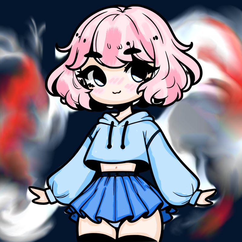 cute femboy with short, fluffy hair that softly frames their face, wearing a cropped hoodie, paired with a flouncy short skirt, and thigh-high stockings